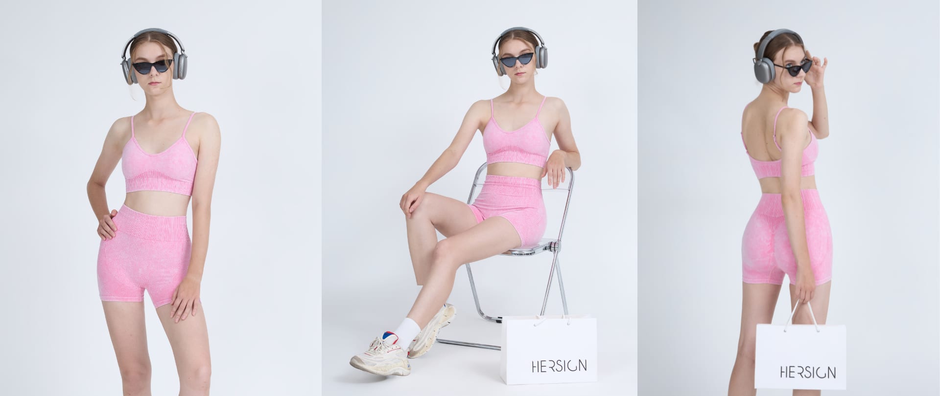 Người phụ nữ mặc set HERSIGN trong không gian studio ấm sáng.